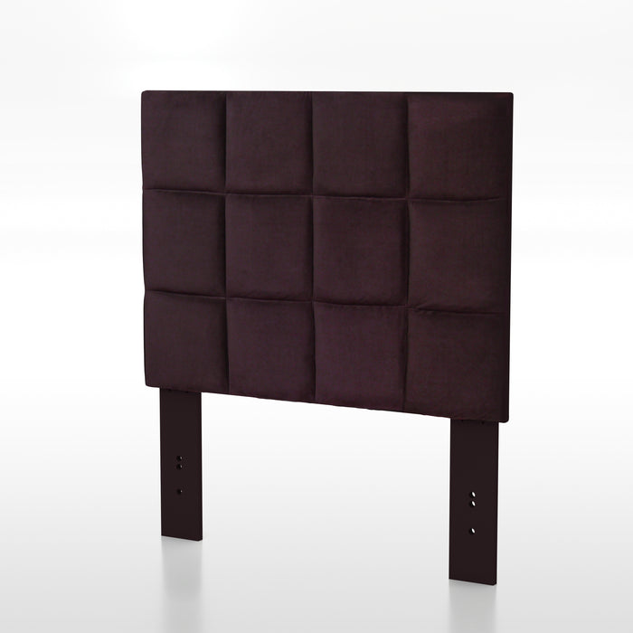 Left-angled biscuit tufted  purple flax flannelette upholstered headboard.