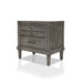 Left-angled transitional grey 2-drawer nightstand against a white background. The top drawer has a double-drawer facet with two silver knobs to contrast the lower drawer with a silver bar pull.