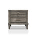 Front-facing transitional grey 2-drawer nightstand against a white background. The top drawer has a double-drawer facet with two silver knobs to contrast the lower drawer with a silver bar pull.