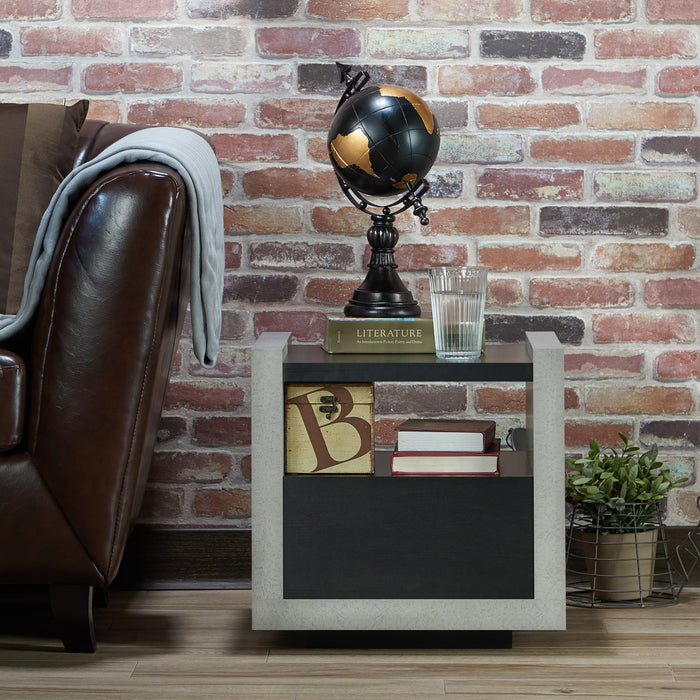 Tatro Black Concrete-Like Elevated Base End Table with Hidden Drawer